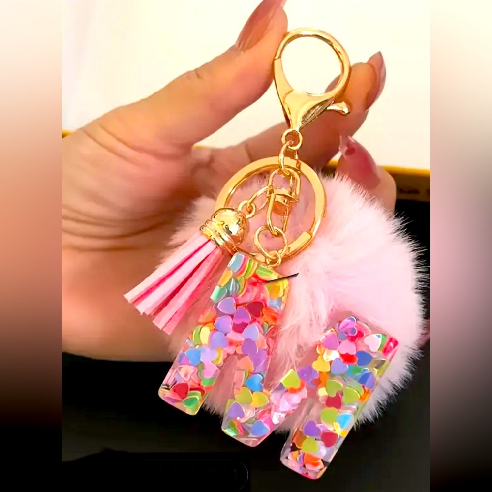 Colorful Initial “M” Keychain with Pink Tassel
